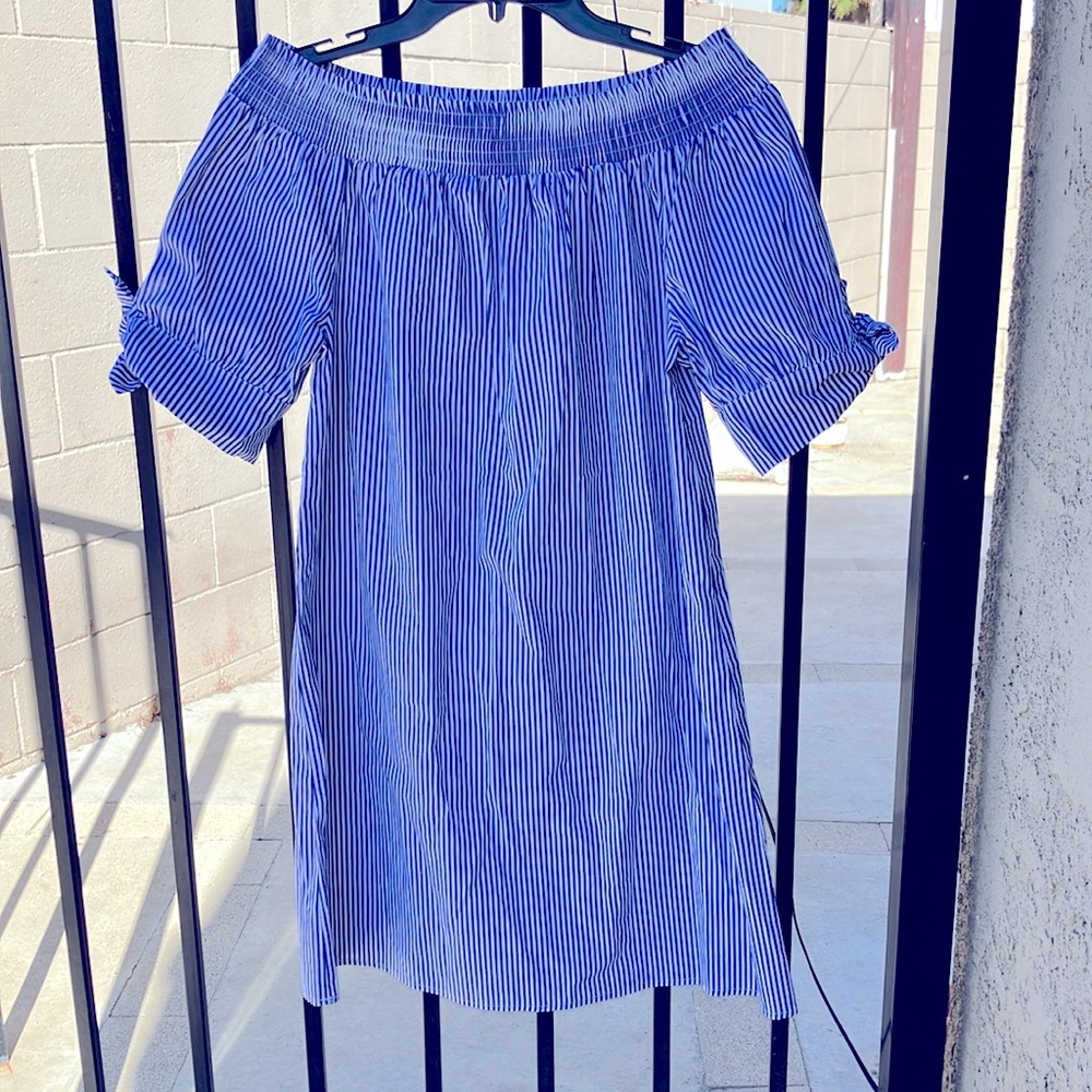 Blue/white striped dress.  Can be worn off the shoulders.  Lightweight fabric.